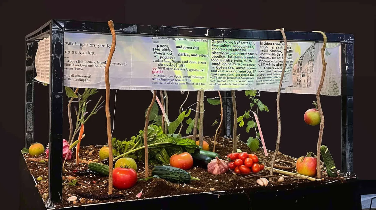 On a soft piece of soil, there are some elusive ingredients embedded in the soil, including apples, tomatoes, red chili peppers, green chili peppers, garlic, cucumbers, fennel, and colorful rainbow candies. There is a square three-dimensional iron frame on this land, and each crossbeam on the iron frame is hung with a dyed cotton and linen material of off white cotton and linen cloth. From a front view, it has a pure black background. 8K, ultra high definition, ultra realistic photography, large aperture, Nikon lens. – AI绘画作品展示 | Midjourney中文版生成