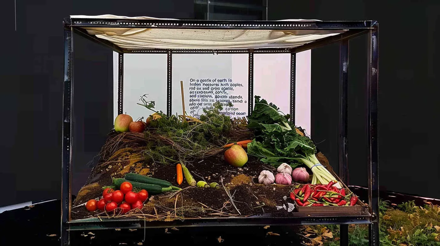 On a soft piece of soil, there are some elusive ingredients embedded in the soil, including apples, tomatoes, red chili peppers, green chili peppers, garlic, cucumbers, fennel, and colorful rainbow candies. There is a square three-dimensional iron frame on this land, and each crossbeam on the iron frame is hung with a dyed cotton and linen material of off white cotton and linen cloth. From a front view, it has a pure black background. 8K, ultra high definition, ultra realistic photography, large aperture, Nikon lens. - style2部分