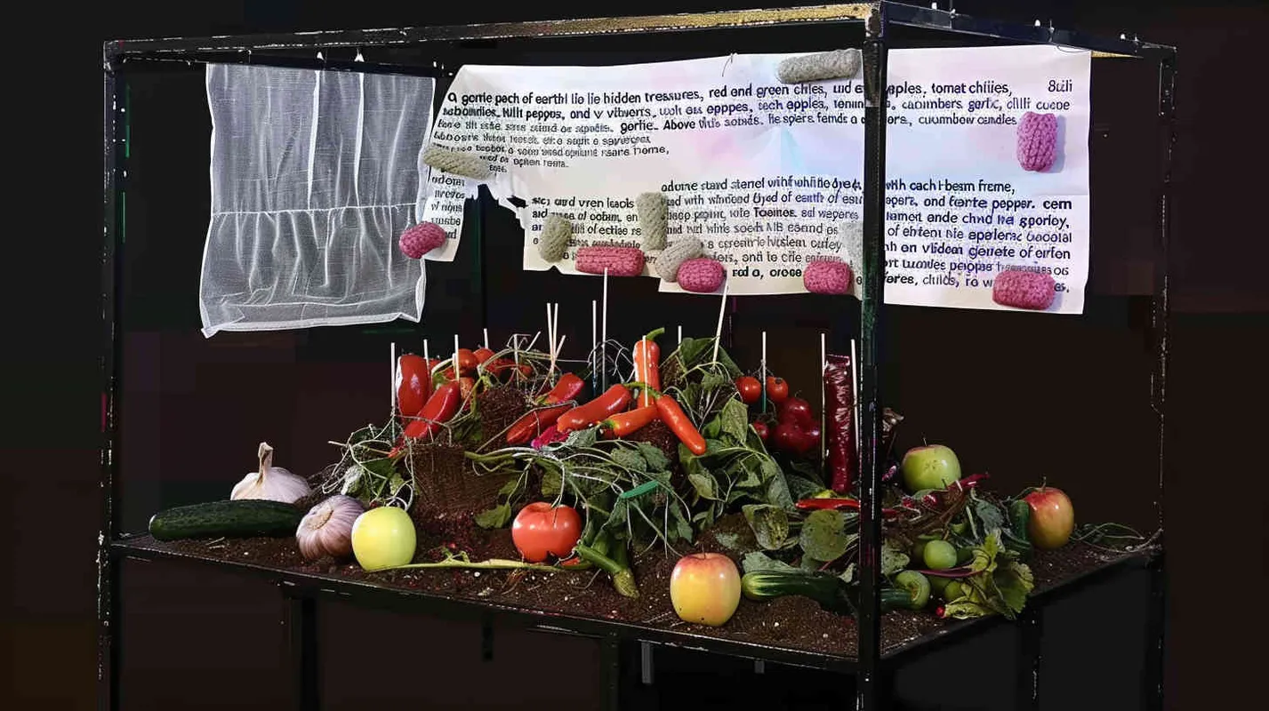 On a soft piece of soil, there are some elusive ingredients embedded in the soil, including apples, tomatoes, red chili peppers, green chili peppers, garlic, cucumbers, fennel, and colorful rainbow candies. There is a square three-dimensional iron frame on this land, and each crossbeam on the iron frame is hung with a dyed cotton and linen material of off white cotton and linen cloth. From a front view, it has a pure black background. 8K, ultra high definition, ultra realistic photography, large aperture, Nikon lens. - style3部分
