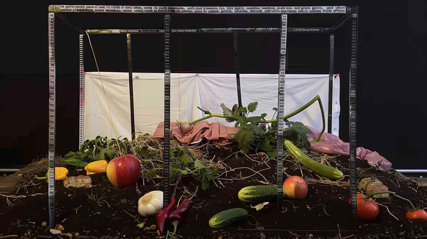 On a soft piece of soil, there are some elusive ingredients embedded in the soil, including apples, tomatoes, red chili peppers, green chili peppers, garlic, cucumbers, fennel, and colorful rainbow candies. There is a square three-dimensional iron frame on this land, and each crossbeam on the iron frame is hung with a dyed cotton and linen material of off white cotton and linen cloth. From a front view, it has a pure black background. 8K, ultra high definition, ultra realistic photography, large aperture, Nikon lens. - style4部分