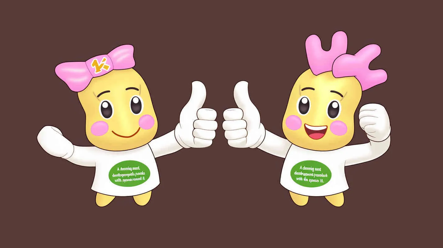 1️⃣ A cute mascot character for the ‘Kwindow’ brand, designed as two anthropomorphic yellow hands with thumbs up and pink bows on their heads, each holding green circular labels with white space around them. The design is simple yet endearing, suitable for use in marketing materials or branding. “A fun cartoon-style illustration of two animated arms held together at the bottom wearing sleeveless T-shirts with the logo “kwooden” printed on it.” Isolated against a dark brown background.  – AI绘画作品展示 | Midjourney中文版生成