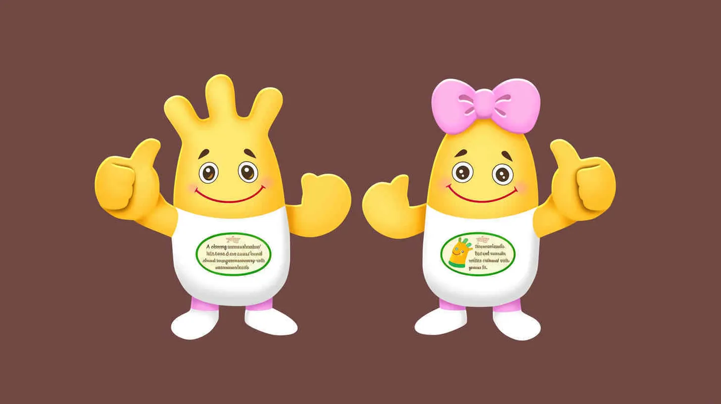 1️⃣ A cute mascot character for the 'Kwindow' brand, designed as two anthropomorphic yellow hands with thumbs up and pink bows on their heads, each holding green circular labels with white space around them. The design is simple yet endearing, suitable for use in marketing materials or branding. 