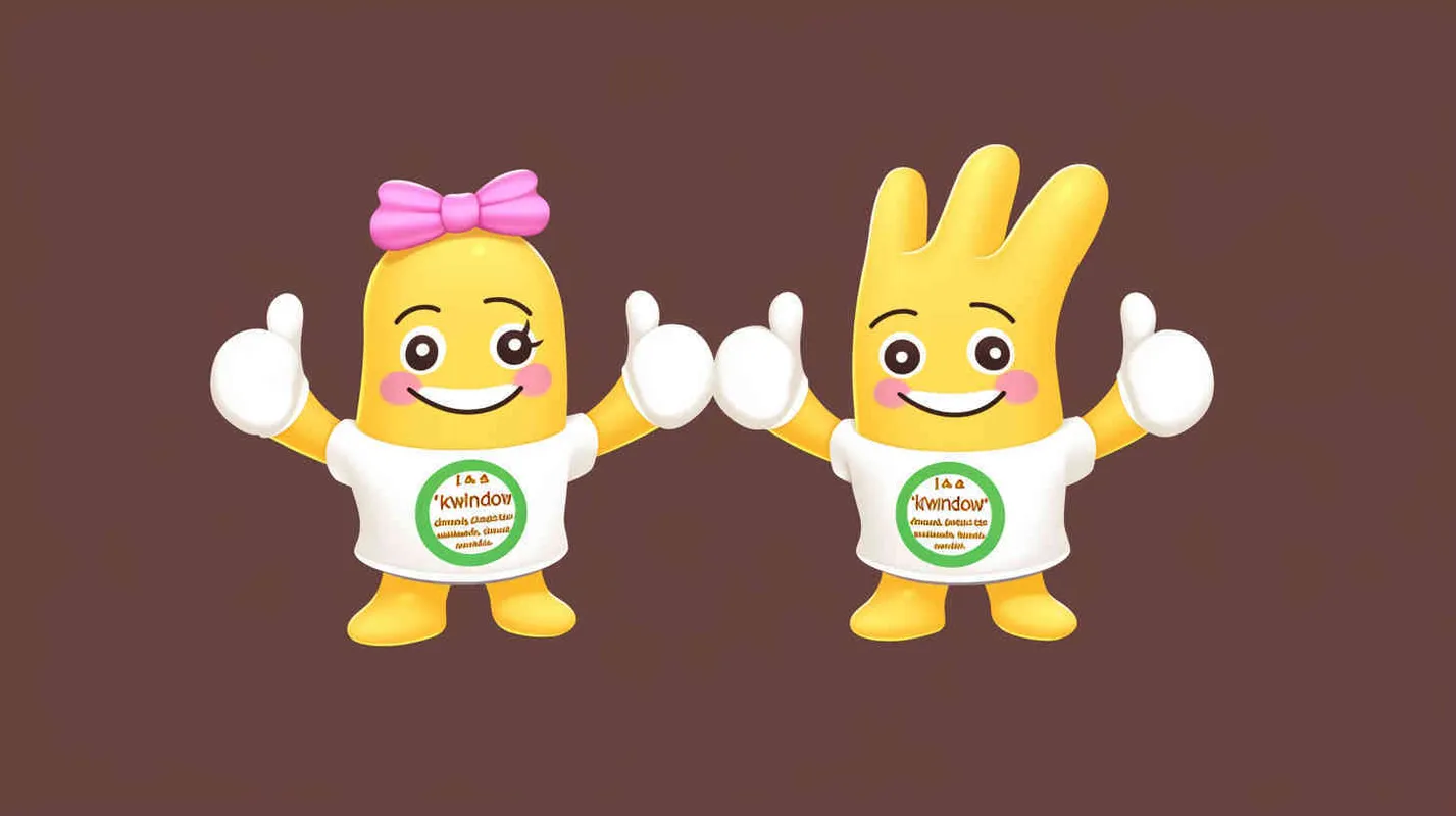 1️⃣ A cute mascot character for the 'Kwindow' brand, designed as two anthropomorphic yellow hands with thumbs up and pink bows on their heads, each holding green circular labels with white space around them. The design is simple yet endearing, suitable for use in marketing materials or branding. 