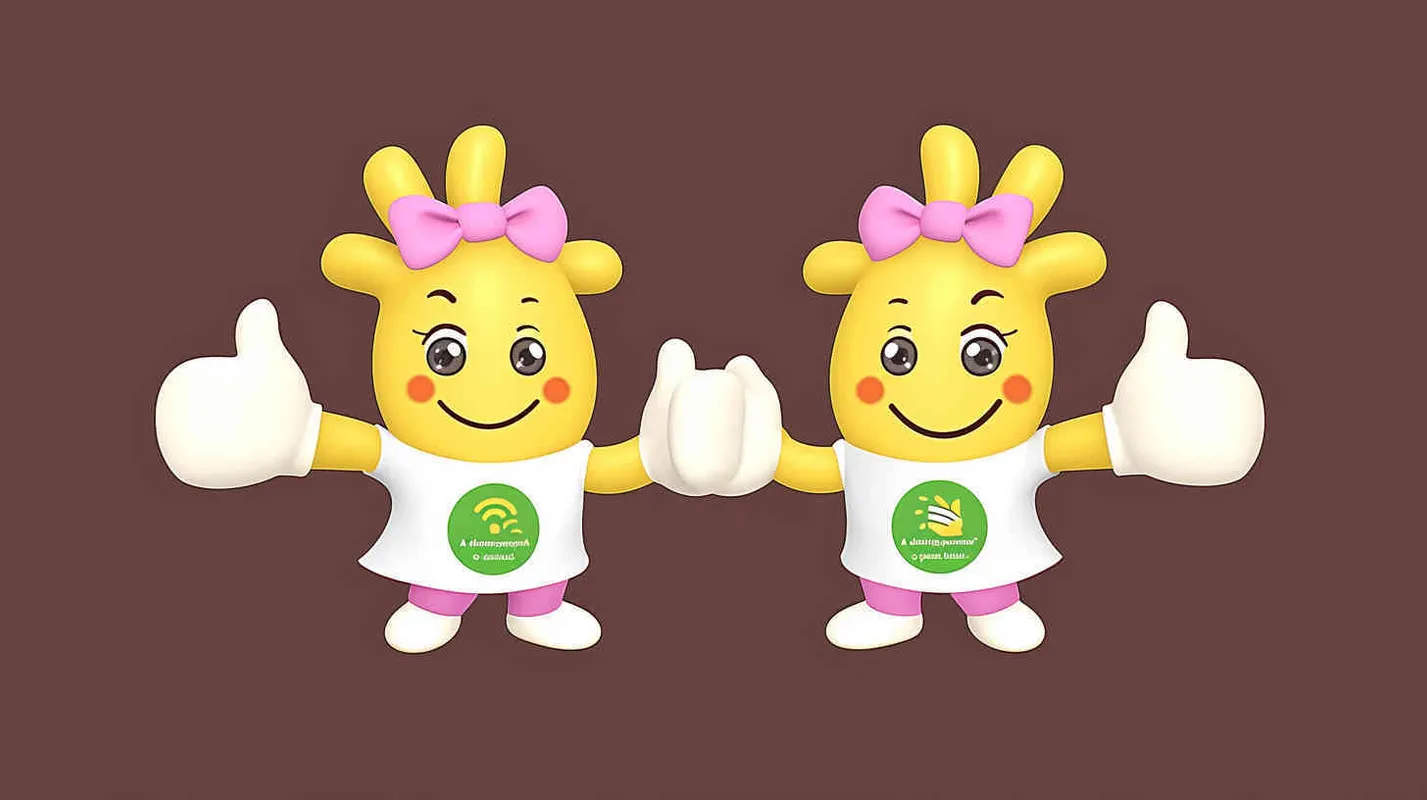 1️⃣ A cute mascot character for the 'Kwindow' brand, designed as two anthropomorphic yellow hands with thumbs up and pink bows on their heads, each holding green circular labels with white space around them. The design is simple yet endearing, suitable for use in marketing materials or branding. 