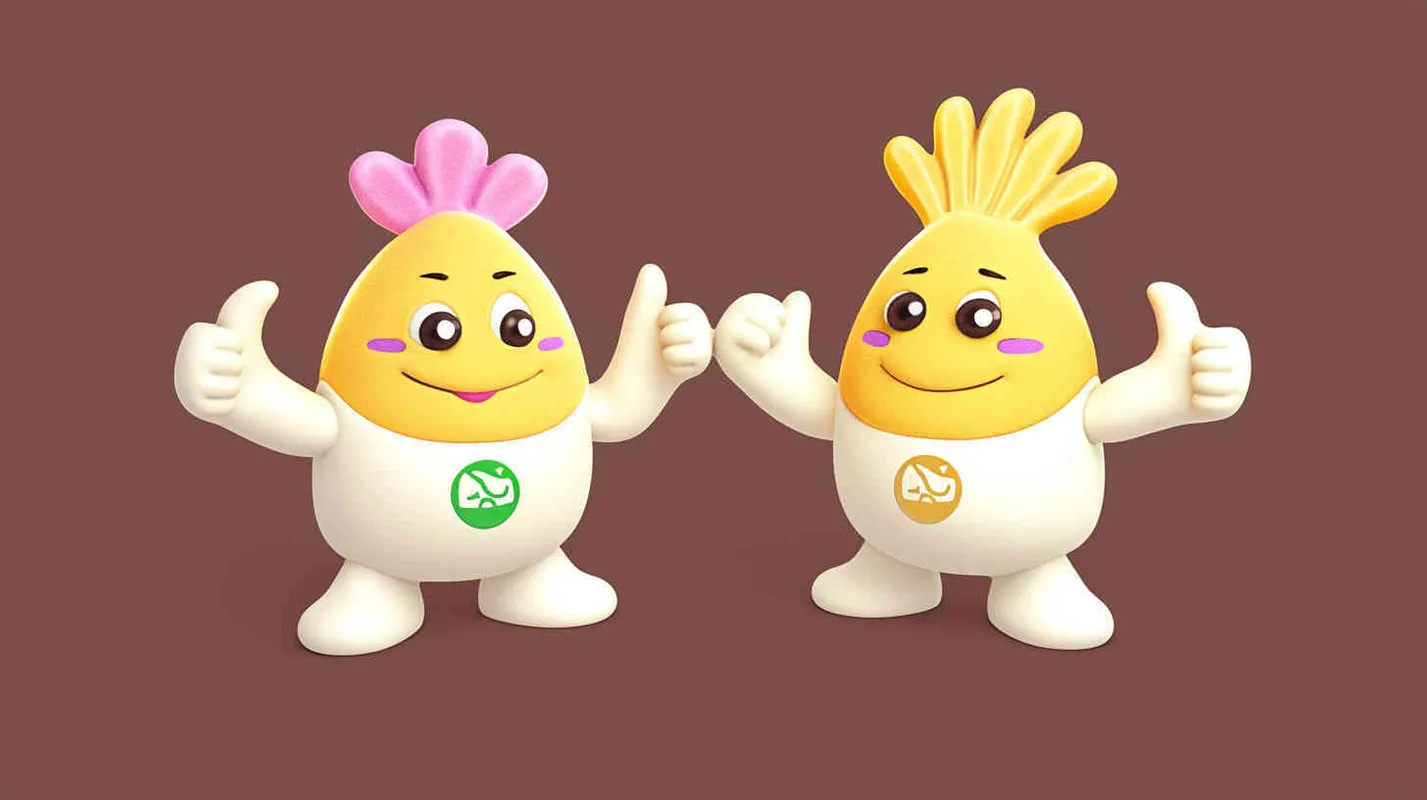 2️⃣ Two cute anthropomorphic yellow rice ball characters, a female and male model with pink bows on their heads, wearing white body suits featuring green 'evenings' labels, both giving thumbs up in the style of Pixar, 3D render on an isolated dark brown background, playful pose, vibrant colors, high resolution. --ar 128:77 - style1部分