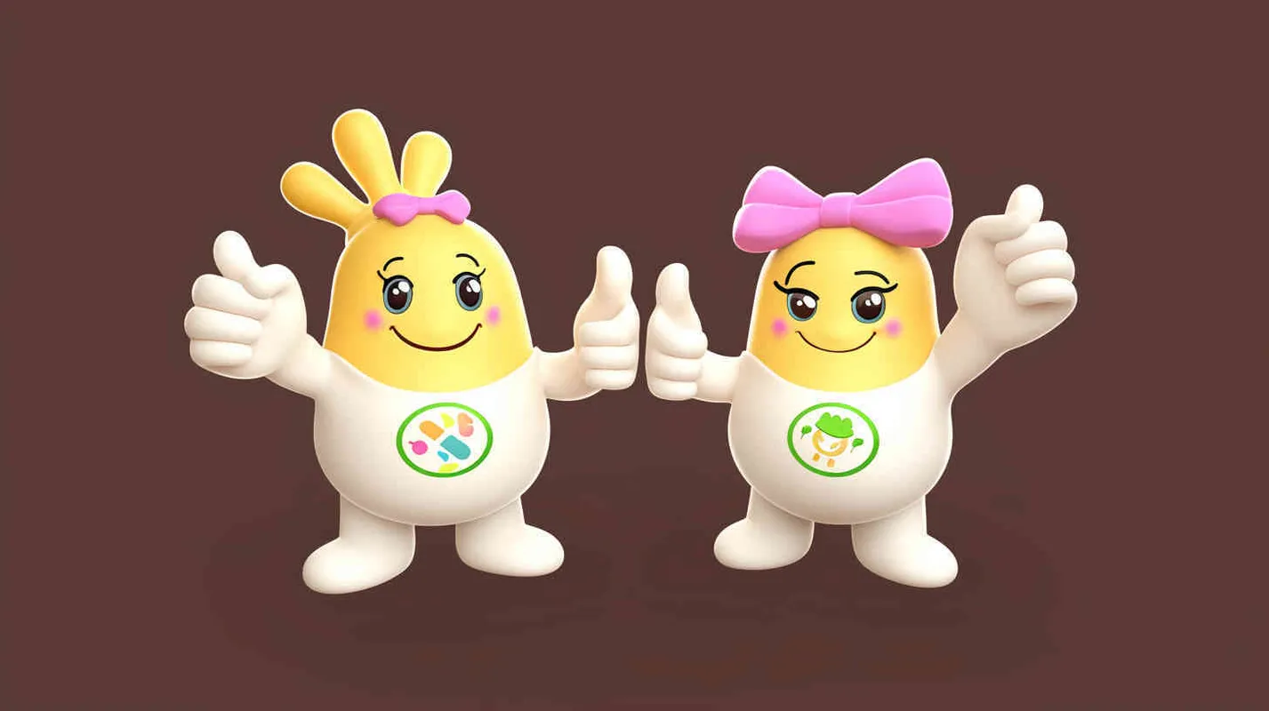 2️⃣ Two cute anthropomorphic yellow rice ball characters, a female and male model with pink bows on their heads, wearing white body suits featuring green 'evenings' labels, both giving thumbs up in the style of Pixar, 3D render on an isolated dark brown background, playful pose, vibrant colors, high resolution. --ar 128:77 - style2部分