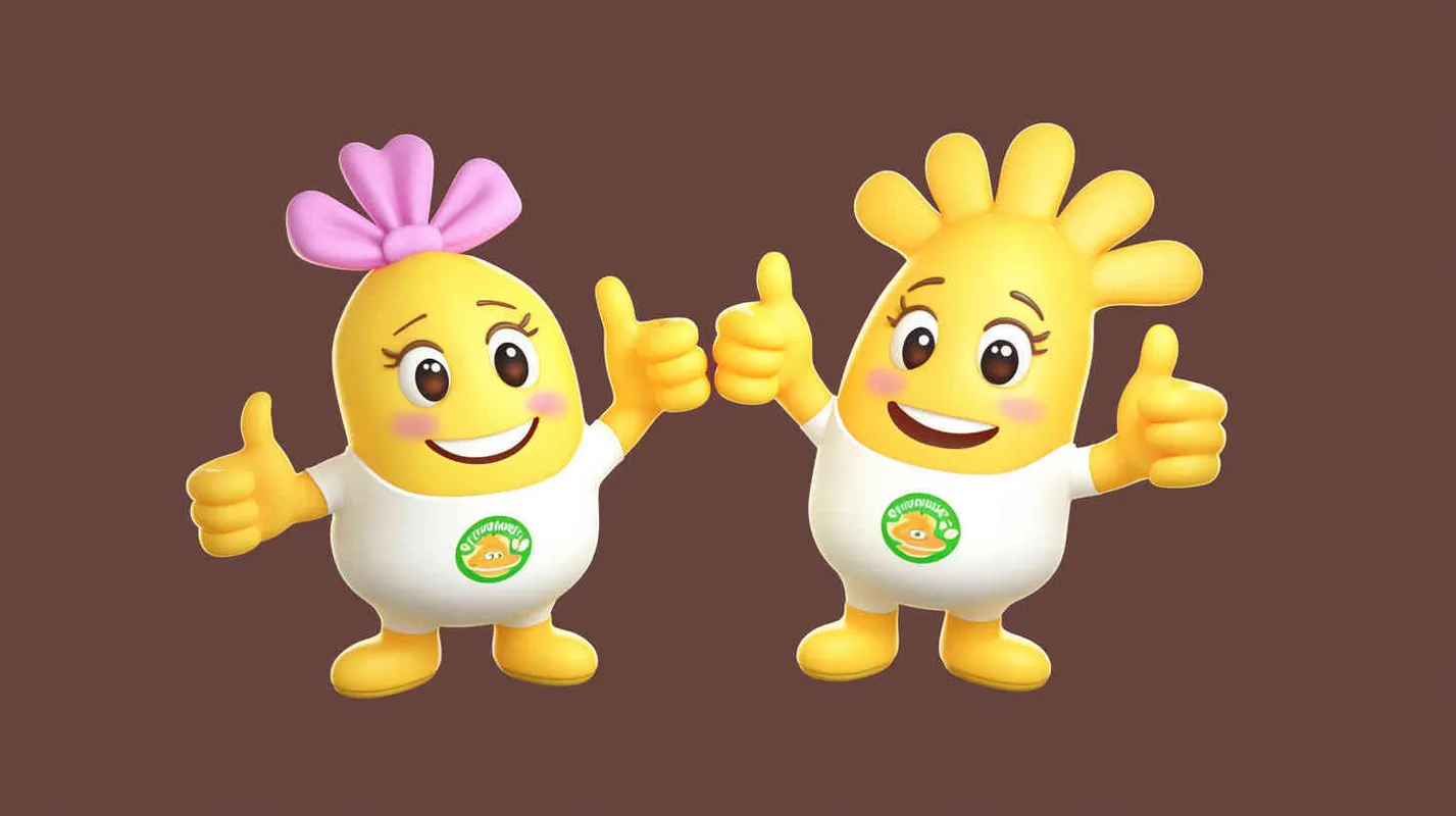 2️⃣ Two cute anthropomorphic yellow rice ball characters, a female and male model with pink bows on their heads, wearing white body suits featuring green 'evenings' labels, both giving thumbs up in the style of Pixar, 3D render on an isolated dark brown background, playful pose, vibrant colors, high resolution. --ar 128:77 - style3部分