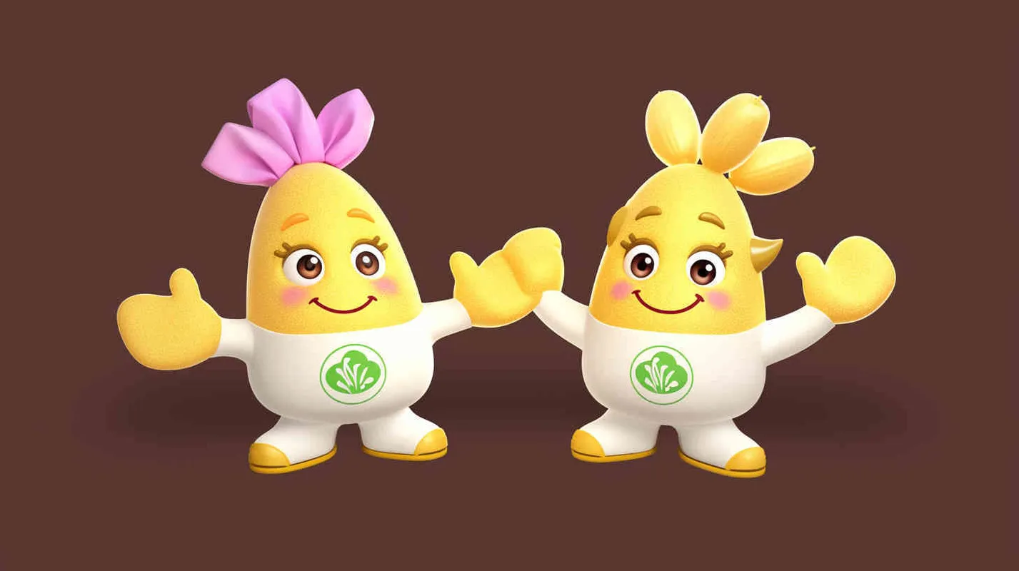 2️⃣ Two cute anthropomorphic yellow rice ball characters, a female and male model with pink bows on their heads, wearing white body suits featuring green 'evenings' labels, both giving thumbs up in the style of Pixar, 3D render on an isolated dark brown background, playful pose, vibrant colors, high resolution. --ar 128:77 - style4部分