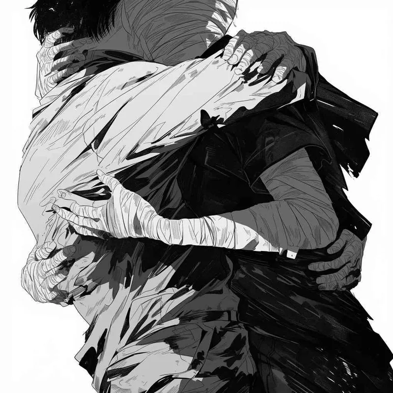 美漫风格,黑白画风,两个受伤的人互相扶持,白色背景 - AI绘画作品展示 | Midjourney中文版生成