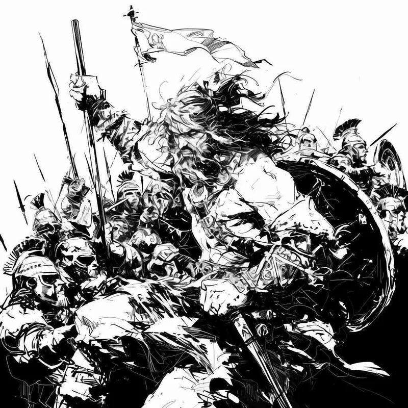 美漫风格，黑白画风，一个人被军队包围，发生在古代、白色背景 - style2部分