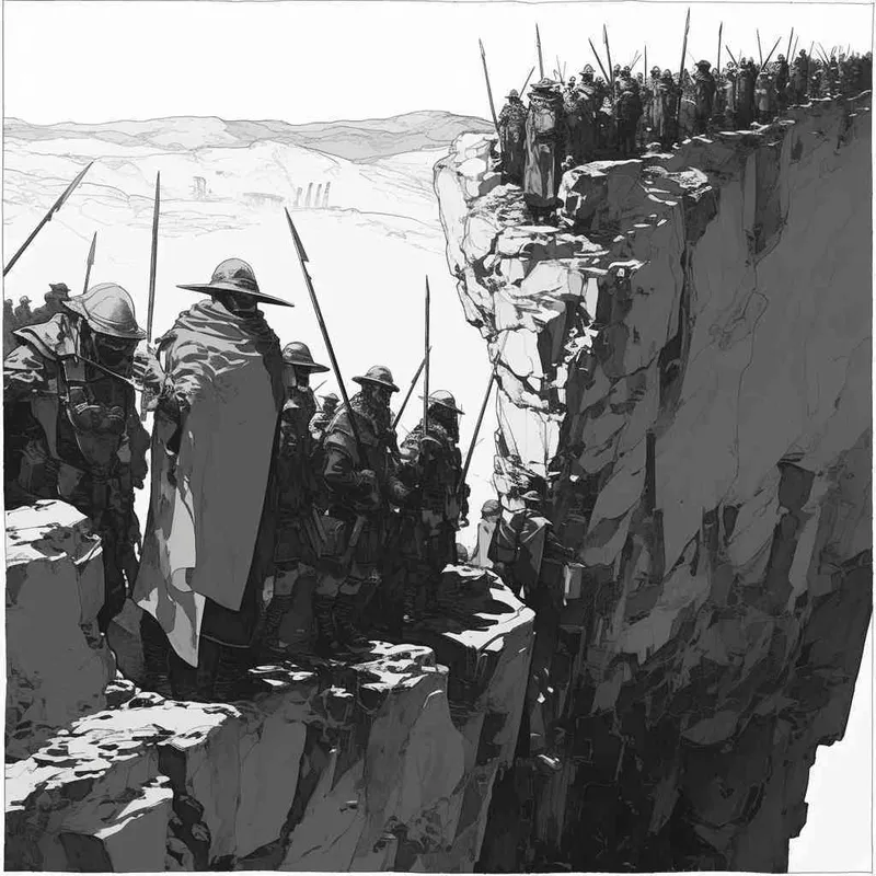美漫风格,黑白画风,俯视,一支古代军队离开山谷,白色背景 - AI绘画作品展示 | Midjourney中文版生成