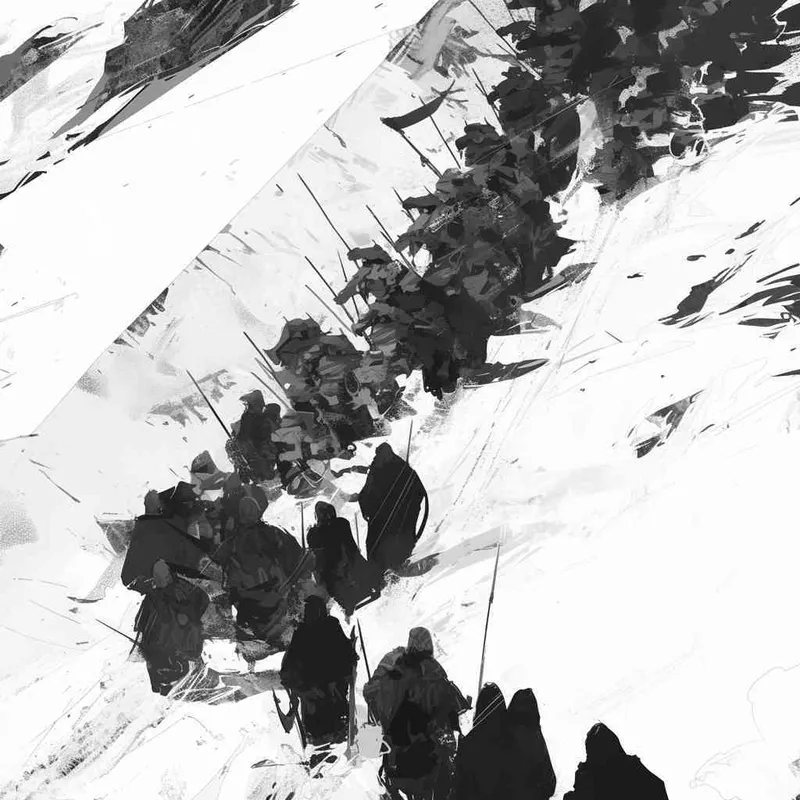 美漫风格,黑白画风,俯视,一支古代军队离开山谷,白色背景 - AI绘画作品展示 | Midjourney中文版生成