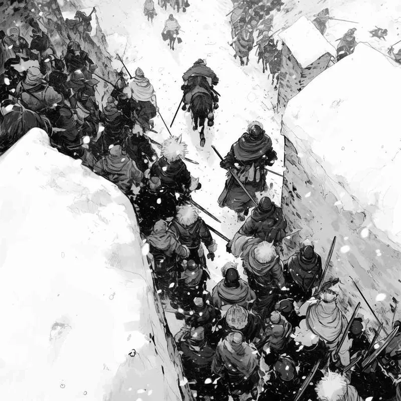 美漫风格,黑白画风,俯视,一支古代军队离开山谷,白色背景 - AI绘画作品展示 | Midjourney中文版生成