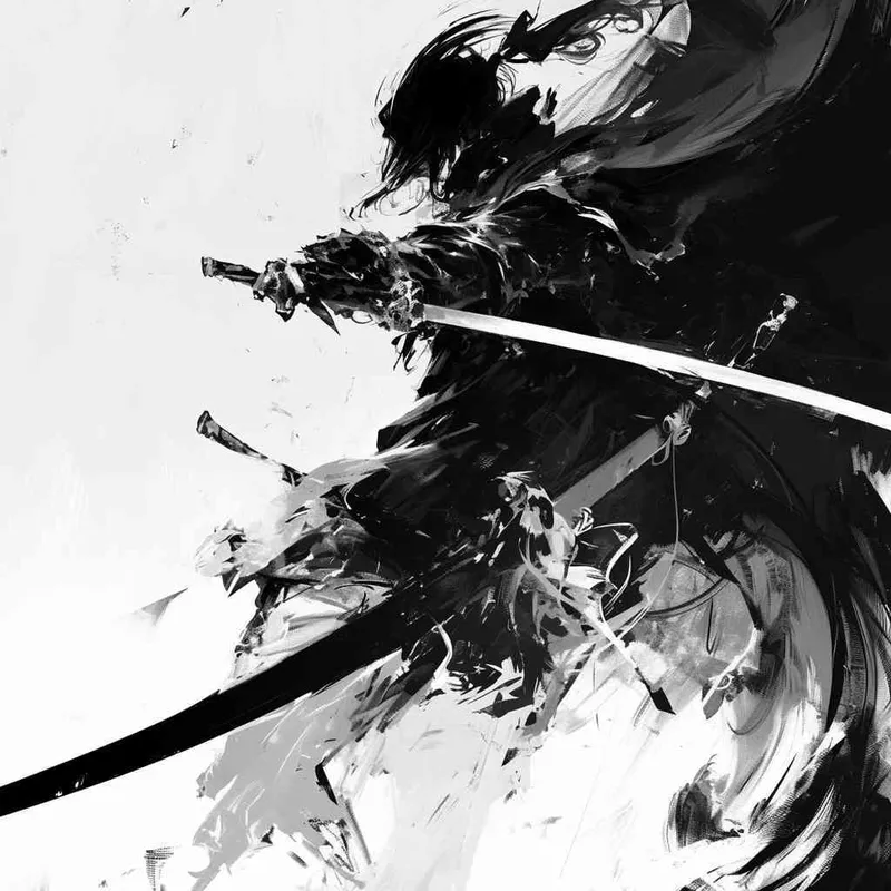 美漫风格，黑白画风，一个拔刀的虚影，白色背景 - style4部分