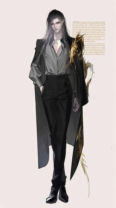 1️⃣ full body concept art of an androgynous male with long hair in the style of anime, wearing black pants and a grey shirt unbuttoned underneath a suit jacket, with a dark fantasy style and a gold dragon head brooch on the lapel. --ar 25:64 - style1部分