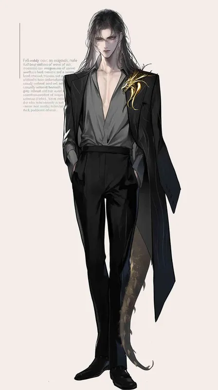 1️⃣ full body concept art of an androgynous male with long hair in the style of anime, wearing black pants and a grey shirt unbuttoned underneath a suit jacket, with a dark fantasy style and a gold dragon head brooch on the lapel. --ar 25:64 - style2部分