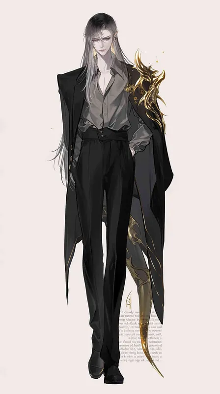 1️⃣ full body concept art of an androgynous male with long hair in the style of anime, wearing black pants and a grey shirt unbuttoned underneath a suit jacket, with a dark fantasy style and a gold dragon head brooch on the lapel. --ar 25:64 - style3部分