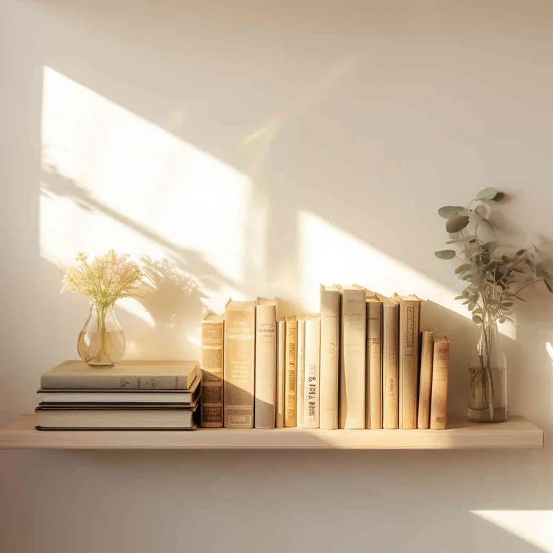 On a wooden shelf, there are three books placed. The angle of the books is positive, and a gentle beam of sunlight hits them. The background is a white wall. The image style is in real time, and the composition is centered,-- v5.2,---q 5,--s 750  - style1部分