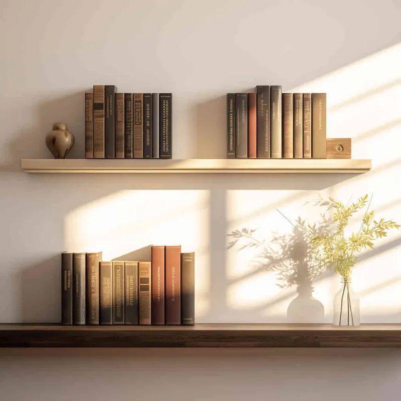 On a wooden shelf, there are three books placed. The angle of the books is positive, and a gentle beam of sunlight hits them. The background is a white wall. The image style is in real time, and the composition is centered,-- v5.2,---q 5,--s 750  - style2部分