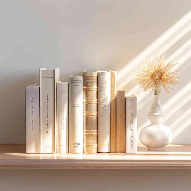 On a wooden shelf, there are three books placed. The angle of the books is positive, and a gentle beam of sunlight hits them. The background is a white wall. The image style is in real time, and the composition is centered,-- v5.2,---q 5,--s 750  - style3部分
