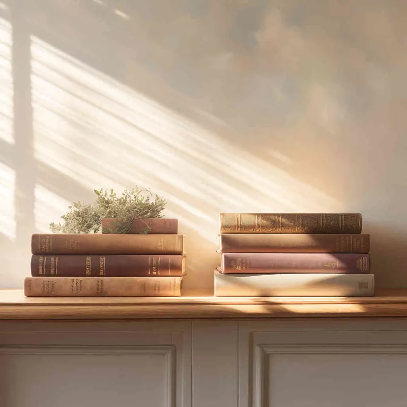On a wooden shelf, there are three books placed. The angle of the books is positive, and a gentle beam of sunlight hits them. The background is a white wall. The image style is in real time, and the composition is centered,-- v5.2,---q 5,--s 750  - style4部分