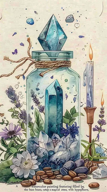 1️⃣ watercolor, glass bottle with crystals inside and flowers around the bottom of it, coffee beans, candles, herbs, blue crystal on top of bottle, neutral background, magical ambience illustration, hyper realistic - style1部分