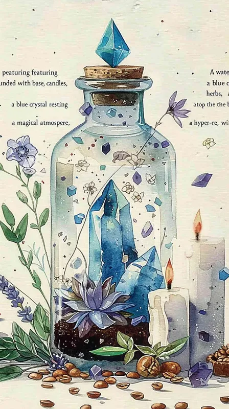 1️⃣ watercolor, glass bottle with crystals inside and flowers around the bottom of it, coffee beans, candles, herbs, blue crystal on top of bottle, neutral background, magical ambience illustration, hyper realistic - style2部分