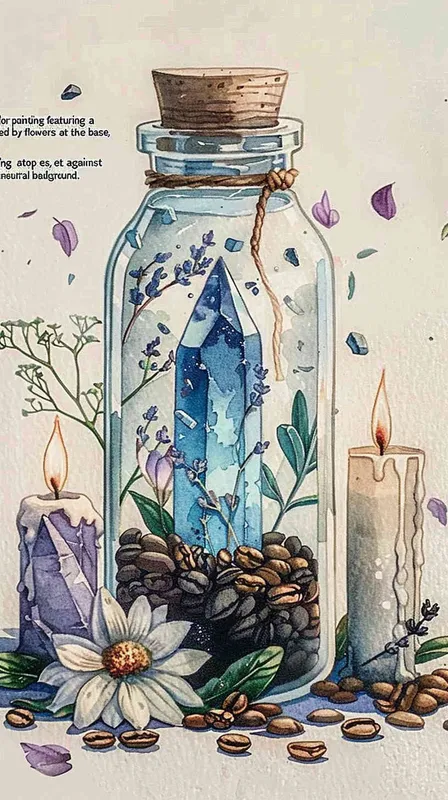 1️⃣ watercolor, glass bottle with crystals inside and flowers around the bottom of it, coffee beans, candles, herbs, blue crystal on top of bottle, neutral background, magical ambience illustration, hyper realistic - style3部分