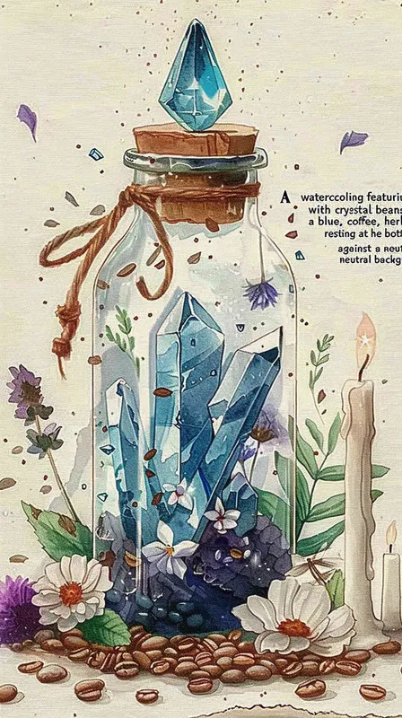1️⃣ watercolor, glass bottle with crystals inside and flowers around the bottom of it, coffee beans, candles, herbs, blue crystal on top of bottle, neutral background, magical ambience illustration, hyper realistic - style4部分