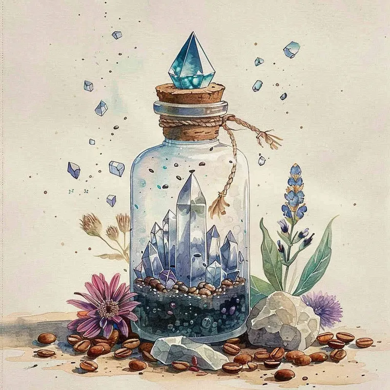 1️⃣ A watercolor illustration of an ornate bottle filled with crystals, coffee beans and flowers on the ground next to it. The colors should be soft pastels with purple hues, creating a dreamy atmosphere. There is one crystal at the top of the glass jar that shines blue light. The background features a beige color scheme, adding depth and charm to the overall composition in the style of a dreamy pastel painting. --ar 55:64 - style1部分