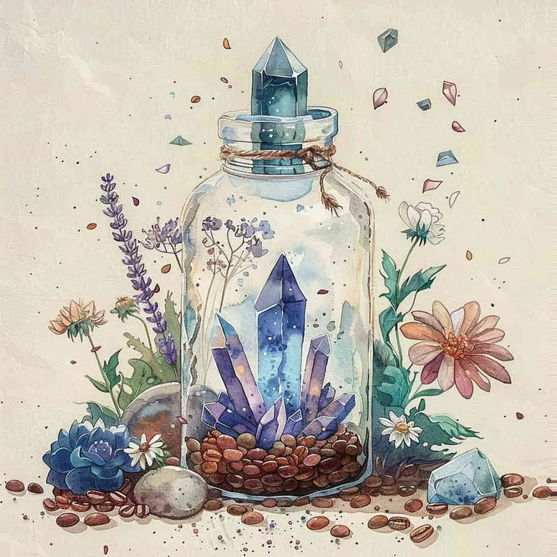1️⃣ A watercolor illustration of an ornate bottle filled with crystals, coffee beans and flowers on the ground next to it. The colors should be soft pastels with purple hues, creating a dreamy atmosphere. There is one crystal at the top of the glass jar that shines blue light. The background features a beige color scheme, adding depth and charm to the overall composition in the style of a dreamy pastel painting. --ar 55:64 - style2部分