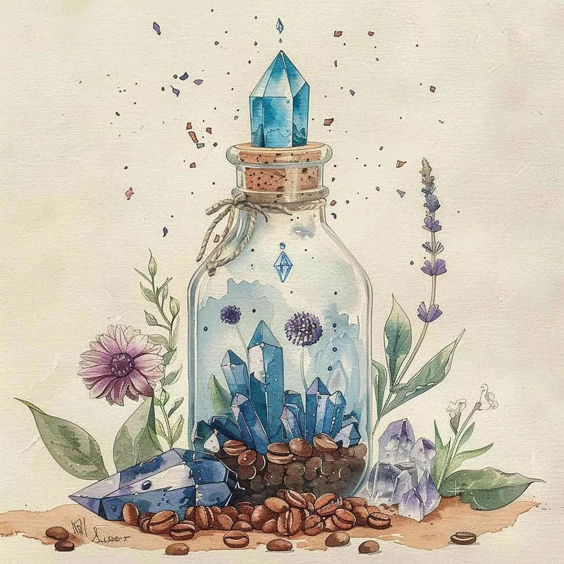 1️⃣ A watercolor illustration of an ornate bottle filled with crystals, coffee beans and flowers on the ground next to it. The colors should be soft pastels with purple hues, creating a dreamy atmosphere. There is one crystal at the top of the glass jar that shines blue light. The background features a beige color scheme, adding depth and charm to the overall composition in the style of a dreamy pastel painting. --ar 55:64 - style3部分
