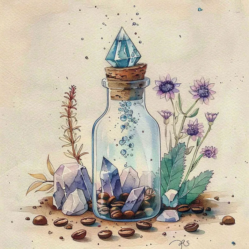 1️⃣ A watercolor illustration of an ornate bottle filled with crystals, coffee beans and flowers on the ground next to it. The colors should be soft pastels with purple hues, creating a dreamy atmosphere. There is one crystal at the top of the glass jar that shines blue light. The background features a beige color scheme, adding depth and charm to the overall composition in the style of a dreamy pastel painting. --ar 55:64 - style4部分