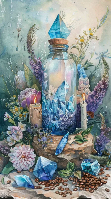1️⃣ watercolor, glass bottle with crystals inside and flowers around the bottom of it, coffee beans, candles, herbs, blue crystal on top of bottle, neutral background, magical ambience illustration, hyper realistic --ar 55:64 - style1部分