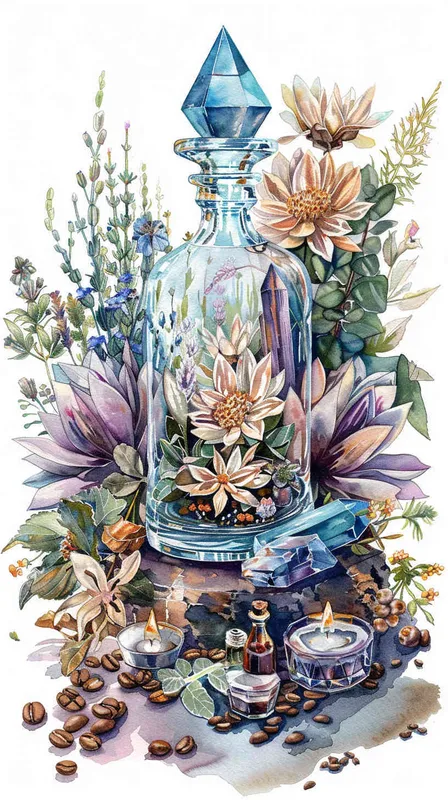 1️⃣ watercolor, glass bottle with crystals inside and flowers around the bottom of it, coffee beans, candles, herbs, blue crystal on top of bottle, neutral background, magical ambience illustration, hyper realistic --ar 55:64 - style2部分