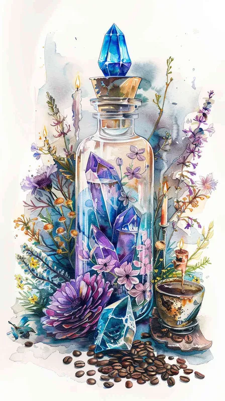 1️⃣ watercolor, glass bottle with crystals inside and flowers around the bottom of it, coffee beans, candles, herbs, blue crystal on top of bottle, neutral background, magical ambience illustration, hyper realistic --ar 55:64 - style3部分
