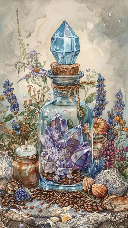 1️⃣ watercolor, glass bottle with crystals inside and flowers around the bottom of it, coffee beans, candles, herbs, blue crystal on top of bottle, neutral background, magical ambience illustration, hyper realistic --ar 55:64 - style4部分