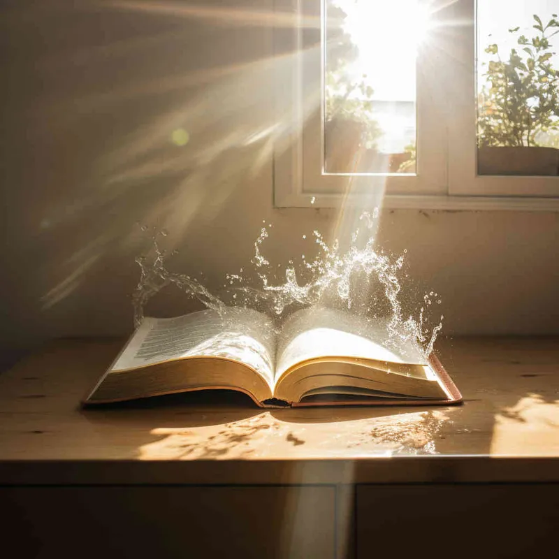 A book with the cover facing forward is placed on a wooden shelf, with a white wall as the background and a beam of sunlight shining on it. The photo style and composition are centered,--ar 1:1 --v 5.2 - AI绘画作品展示 | Midjourney中文版生成