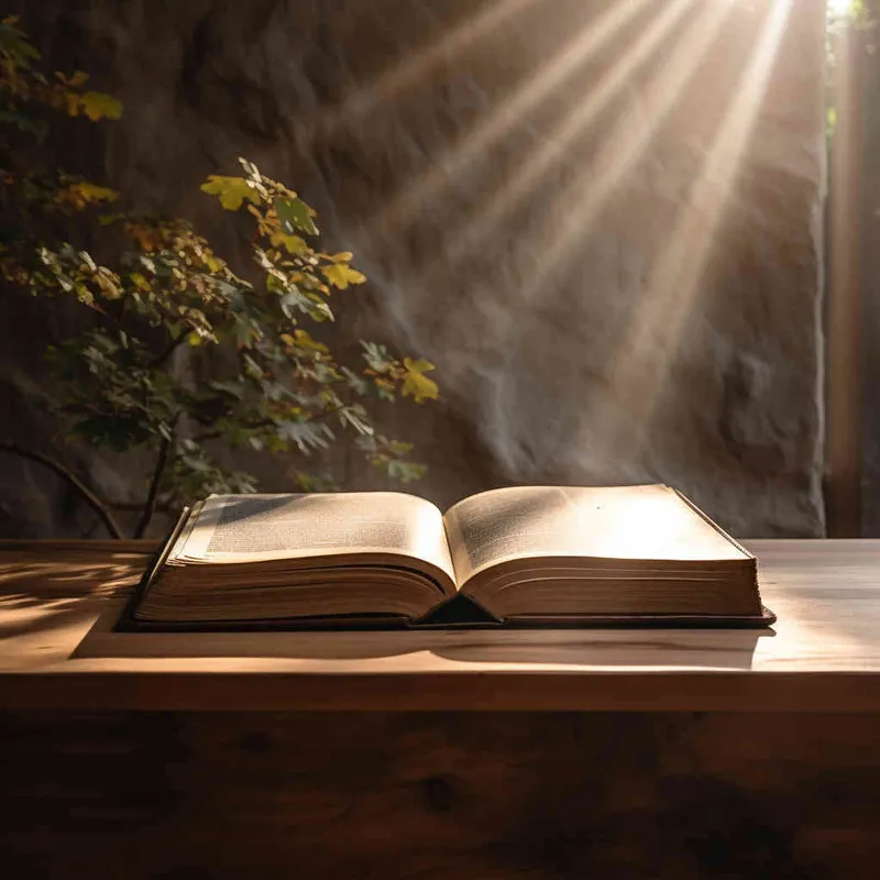 A book with the cover facing forward is placed on a wooden shelf, with a white wall as the background and a beam of sunlight shining on it. The photo style and composition are centered,--ar 1:1 --v 5.2 - AI绘画作品展示 | Midjourney中文版生成