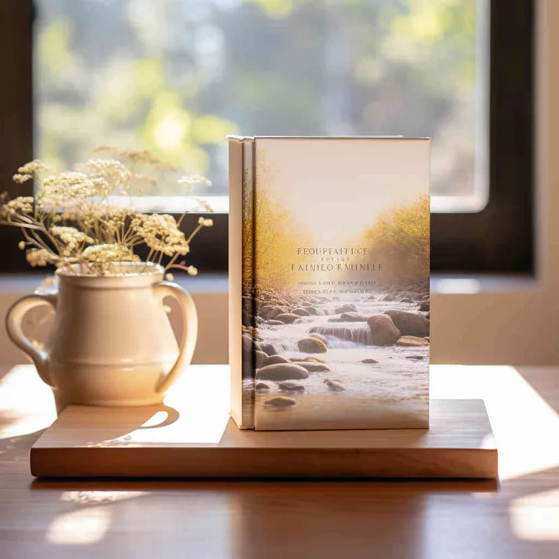 A book with the cover facing forward is placed on a wooden shelf, with a white wall as the background and a beam of sunlight shining on it. The photo style and composition are centered,--ar 1:1 --v 5.2 - AI绘画作品展示 | Midjourney中文版生成