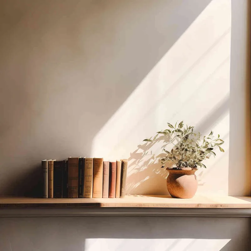 A book is placed on a wooden shelf, with the cover facing forward and a white wall in the background, a beam of sunlight. The photo style is centered and the composition is centered - style1部分