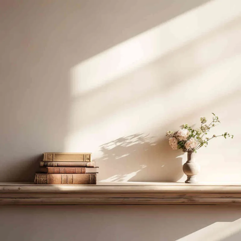 A book is placed on a wooden shelf, with the cover facing forward and a white wall in the background, a beam of sunlight. The photo style is centered and the composition is centered - style2部分