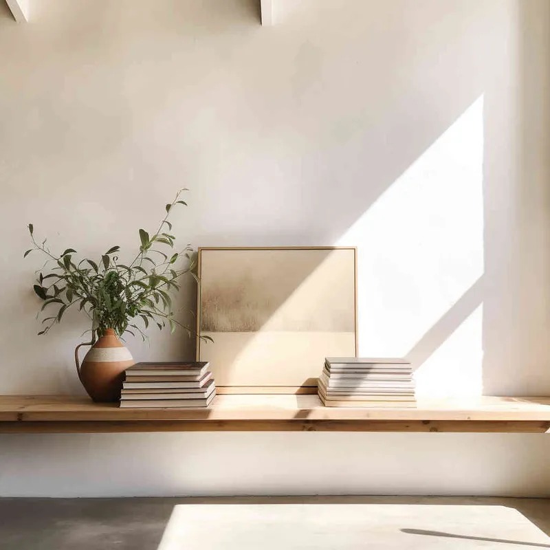 A book is placed on a wooden shelf, with the cover facing forward and a white wall in the background, a beam of sunlight. The photo style is centered and the composition is centered - style3部分