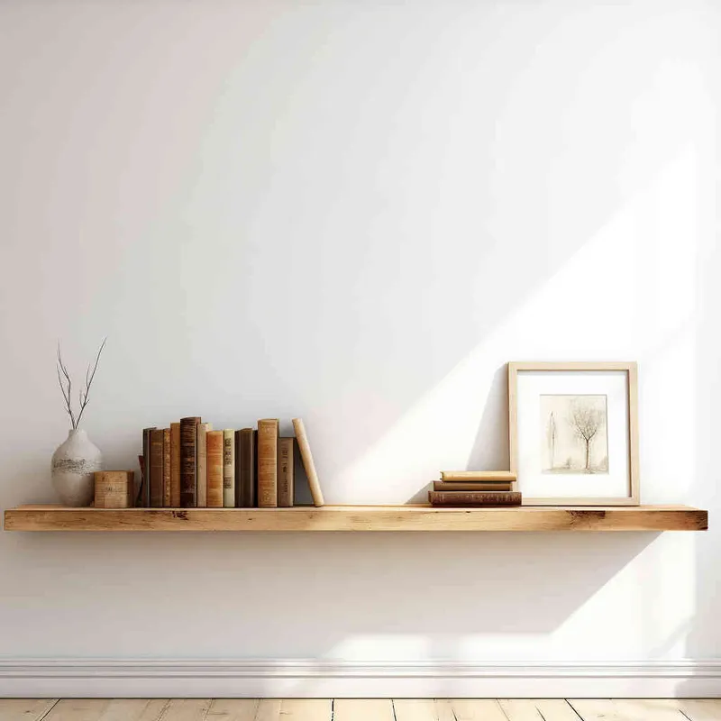 A book is placed on a wooden shelf, with the cover facing forward and a white wall in the background, a beam of sunlight. The photo style is centered and the composition is centered - style4部分