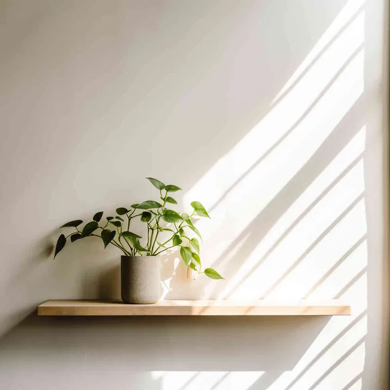 A small green plant is placed on a wooden shelf, with a white wall as the background and a beam of sunlight. The photo style is centered and the composition is centered,-- v5.2,---q 5,--s 750,--seed 1930011979 - AI绘画作品展示 | Midjourney中文版生成