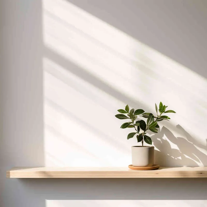 A small green plant is placed on a wooden shelf, with a white wall as the background and a beam of sunlight. The photo style is centered and the composition is centered,-- v5.2,---q 5,--s 750,--seed 1930011979 - AI绘画作品展示 | Midjourney中文版生成