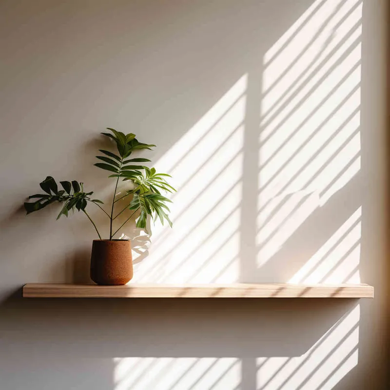 A small green plant is placed on a wooden shelf, with a white wall as the background and a beam of sunlight. The photo style is centered and the composition is centered,-- v5.2,---q 5,--s 750,--seed 1930011979 - AI绘画作品展示 | Midjourney中文版生成