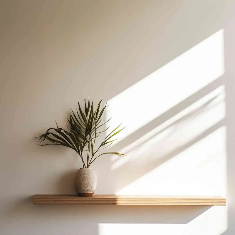 A Small ornament sits delicately on a wooden shelf, set against a backdrop of a pristine white wall bathed in a beam of sunlight. The photograph showcases a symmetrical and harmonious composition, with the plant perfectly centered in the frame. --ar 1:1 --seed 1930011979 --v 5.2 - style1部分