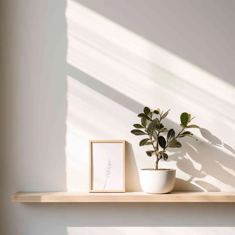 A Small ornament sits delicately on a wooden shelf, set against a backdrop of a pristine white wall bathed in a beam of sunlight. The photograph showcases a symmetrical and harmonious composition, with the plant perfectly centered in the frame. --ar 1:1 --seed 1930011979 --v 5.2 - style2部分