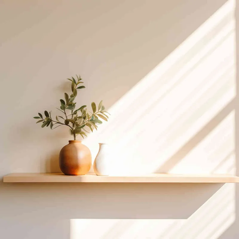 A Small ornament sits delicately on a wooden shelf, set against a backdrop of a pristine white wall bathed in a beam of sunlight. The photograph showcases a symmetrical and harmonious composition, with the plant perfectly centered in the frame. --ar 1:1 --seed 1930011979 --v 5.2 - style3部分
